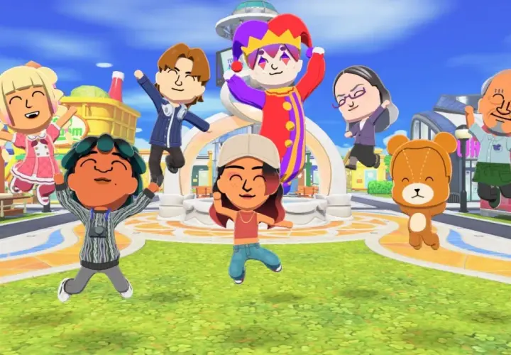Un gruppo di personaggi colorati, tra cui un clown e un orsetto, salta felice in una piazza vivace, un'anteprima di Tomodachi Life 2.