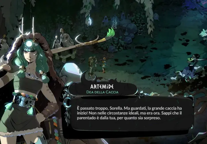 Artemide, dea della caccia, parla in questo screenshot di Hades 2 per PS5. La sua frase suggerisce un'avventura imminente.