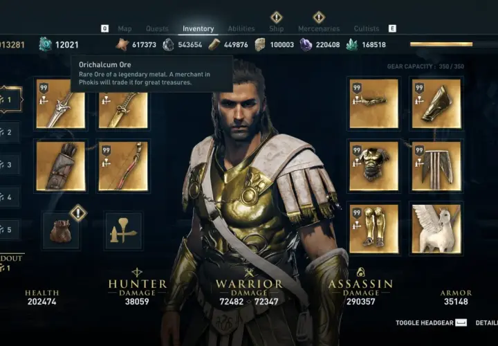 Interfaccia di Assassin's Creed Odyssey: inventario con Orichalcum Ore, statistiche del personaggio e equipaggiamento.