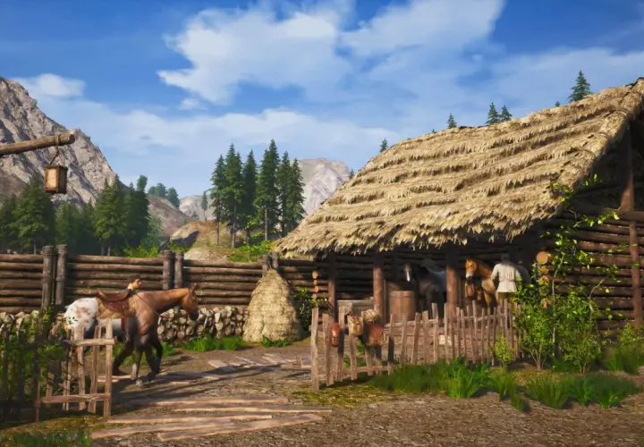 Scena di vita rurale in Medieval Dynasty: recensione del gioco con cavalli e fienile sotto montagne maestose.