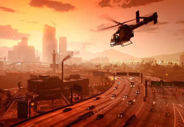 Elicottero sorvola Los Santos al tramonto, un'ottima ambientazione per usare trucchi GTA 5 Xbox Serie S e seminare il caos.