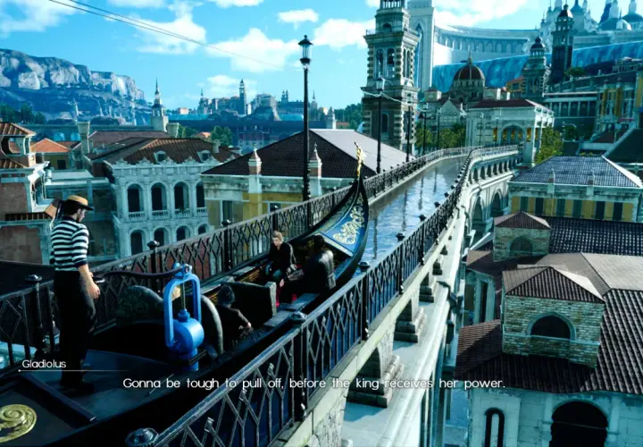 Gladiolus su una gondola a Insomnia, un momento chiave nella recensione di Final Fantasy XV.