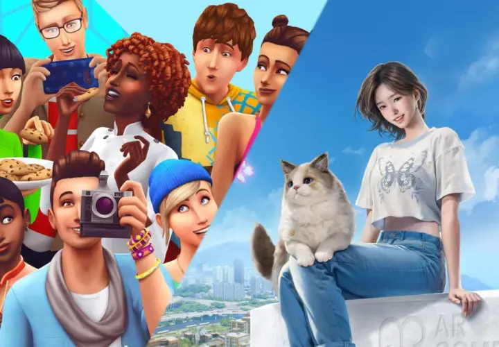 Sims felici con biscotti e fotocamere, un gatto e una ragazza sotto un cielo azzurro. Un'anteprima di The Sims Switch.