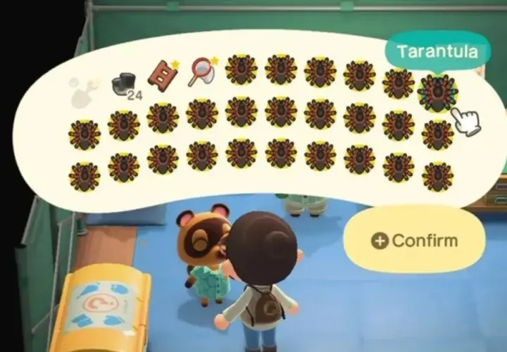 Inventario pieno di tarantule in Animal Crossing New Horizons. Un giocatore ha catturato molti insetti, pronti per essere venduti.