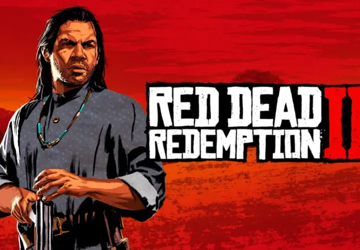 Un uomo con lunghi capelli neri e una collana di perline turchesi si prepara a sparare. Il logo "RED DEAD REDEMPTION III" campeggia sullo sfondo rosso fuoco.