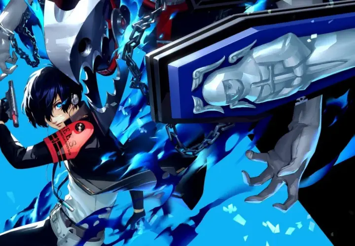Makoto Yuki con la sua Evocazione in Persona 3 Reload per Nintendo Switch, circondato da fiamme blu e catene.