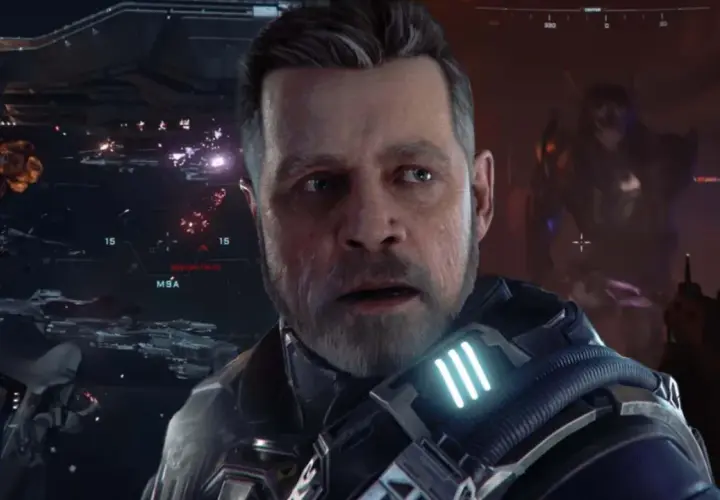 Un uomo con espressione preoccupata in una battaglia spaziale, forse in Star Citizen per PS5. Navi e esplosioni sullo sfondo.