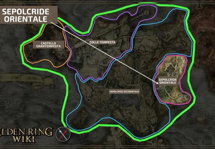 Mappa di Elden Ring che evidenzia Sepolcride Orientale, Castello Grantempesta e Colle Tempesta.