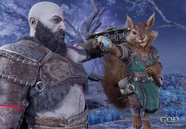 Kratos e Ratatoskr interagiscono in un paesaggio innevato. La durata di God of War Ragnarök è un'avventura epica.