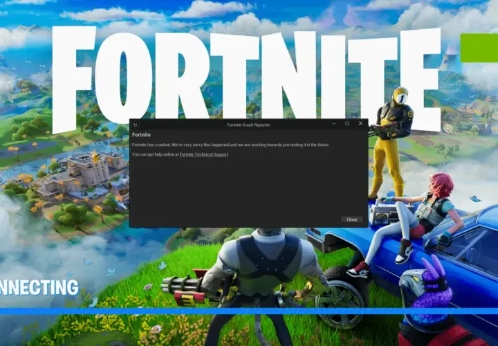 Schermata di Fortnite con messaggio di crash: "Fortnite has crashed." Spiega perché Fortnite non va, con un avviso di supporto tecnico.