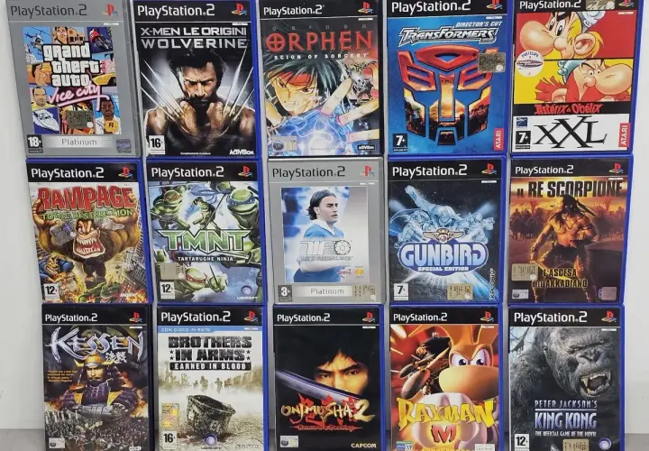Collezione di **migliori giochi PS2**: Grand Theft Auto, Wolverine, Orphen, Transformers, TMNT, Gunbird, Kessen, Brothers in Arms, Onimusha 2, Rayman M, King Kong.