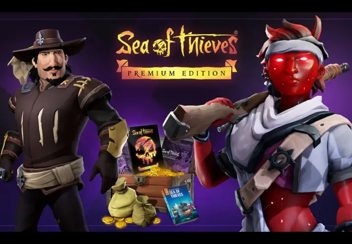 Due pirati, uno con baffi e cappello, l'altro rosso fiammante, presentano la Premium Edition di Sea of Thieves. Una recensione visiva dell'avventura.