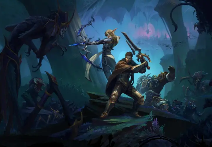 Eroi di World of Warcraft su PS5 combattono creature oscure in un'epica battaglia.