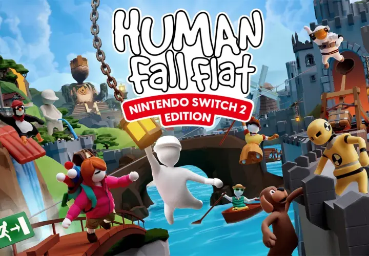 Personaggi buffi di Human Fall Flat Nintendo Switch 2 Edition si muovono in un mondo colorato tra castelli e cascate.