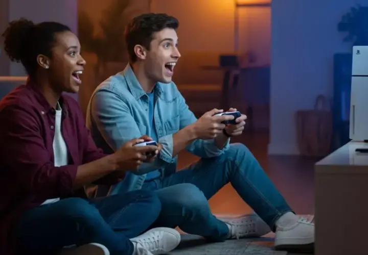 Coppia entusiasta gioca ai **giochi PS5 per 2 giocatori** sul divano, controller alla mano, immersi nell'azione.