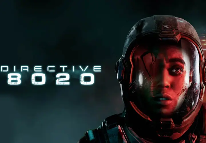 Un astronauta spaventato, riflesso di un alieno nel casco, sotto la scritta "DIRECTIVE 8020 uscita".
