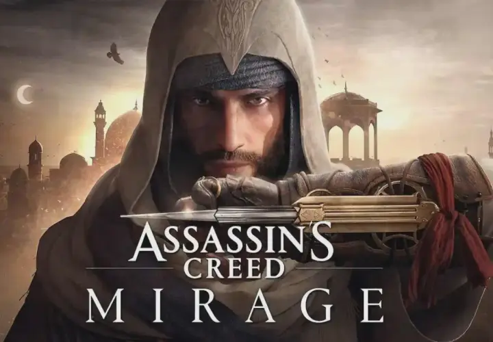 Assassin's Creed Mirage recensione: un assassino con lama nascosta e città sullo sfondo.