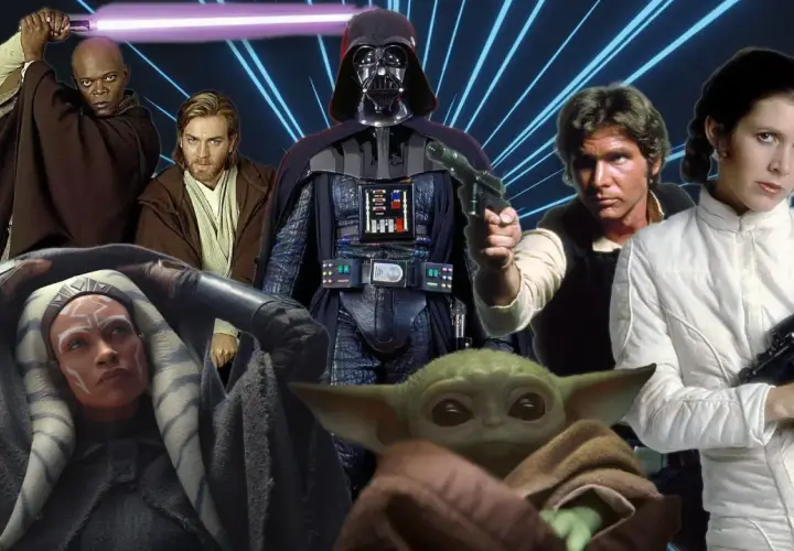 Un gruppo di eroi e cattivi di Star Wars, tra cui Darth Vader, Han Solo, Leia, Obi-Wan, Mace Windu, Ahsoka Tano e Grogu.