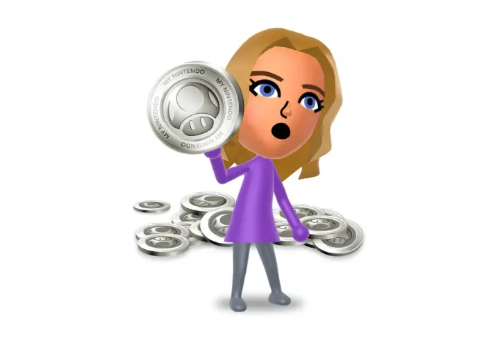 Mii con una moneta di punti platino Nintendo in mano, circondato da altre monete.