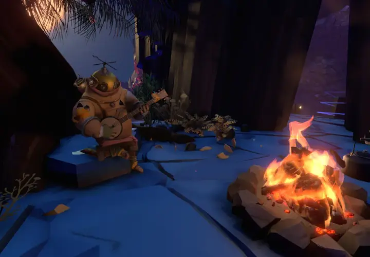 Un personaggio con tuta da sub suona il banjo vicino a un falò. Un'atmosfera che ricorda la recensione di Outer Wilds.