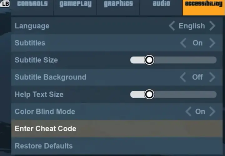 Menu impostazioni di GTA 3: opzioni accessibilità, con la voce "Inserisci codice" evidenziata, per usare i trucchi.