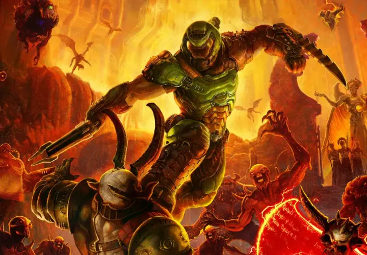 Il Doom Slayer combatte demoni infernali in un paesaggio apocalittico. Un'immagine perfetta per una doom eternal recensione.