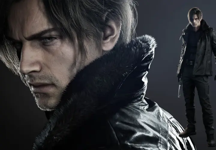 Leon Kennedy, protagonista di Resident Evil, con un'espressione intensa e un giubbotto di pelle con pelliccia.