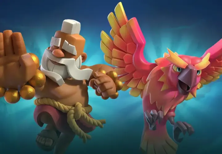 Un monaco con una mano alzata e un fenice fiammeggiante, due campioni di Clash Royale pronti alla battaglia.