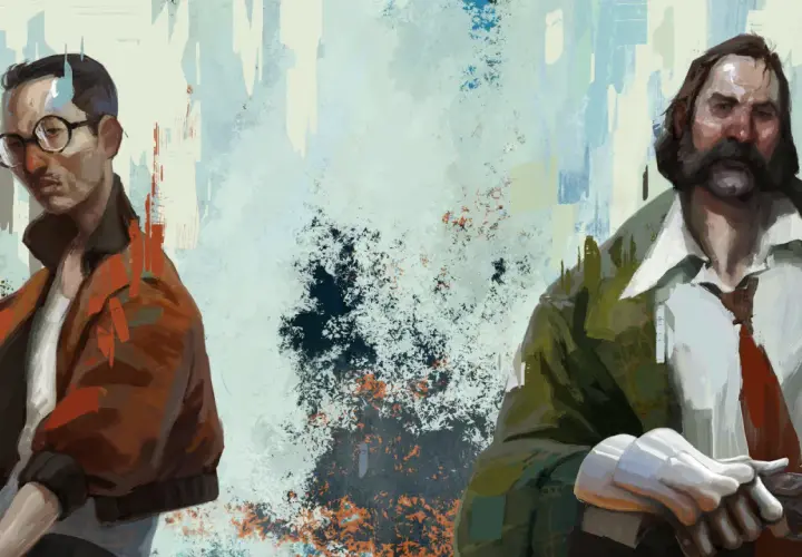 Due detective in stile Disco Elysium, la cui durata del gioco è notevole. Uno con occhiali, l'altro con baffi.