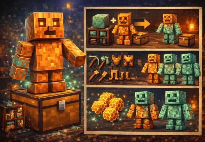 Un golem di rame di Minecraft, con dettagli scintillanti, accanto a casse e attrezzi. La sua trasformazione in rame ossidato è visibile.