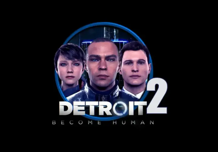 I volti di Kara, Connor e Markus emergono da un cerchio blu, con il logo "DETROIT BECOME HUMAN 2" in primo piano.