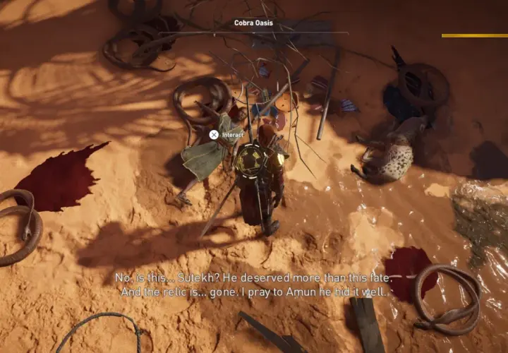 Assassin's Creed Origins recensione: scena drammatica con serpenti, sangue e un personaggio da interagire in un'oasi desertica.