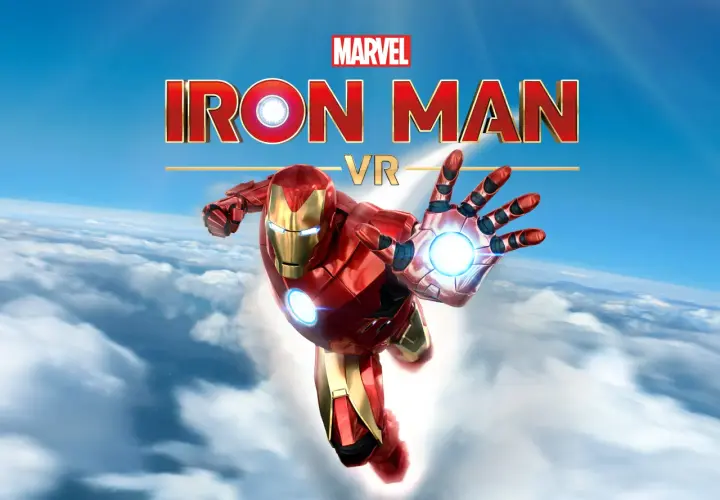 Iron Man in armatura rossa e oro vola tra le nuvole, pronto a lanciare un raggio repulsore. Il logo "Iron Man VR" è visibile, suggerendo un'esperienza di gioco per PS5.