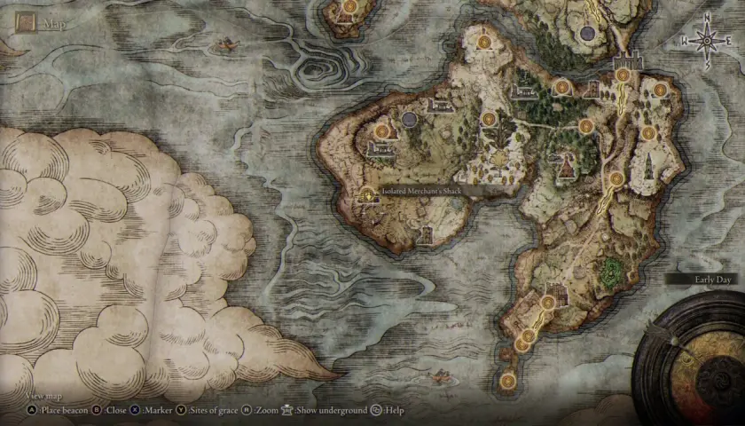 La mappa completa di Elden Ring mostra terre selvagge, isole e un mercante solitario. Esplora ogni angolo!