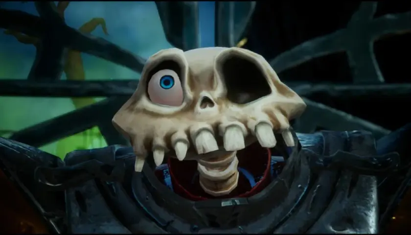 Un teschio con un occhio blu sporgente, parte di un personaggio del **medievil 2 remake**, con un'espressione buffa.