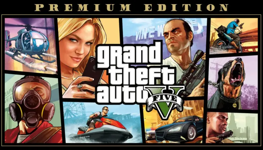 Immagine di copertina di Grand Theft Auto V Premium Edition per PS5, con scene d'azione, personaggi e veicoli. Scopri i trucchi GTA 5 PS5 per dominare Los Santos!