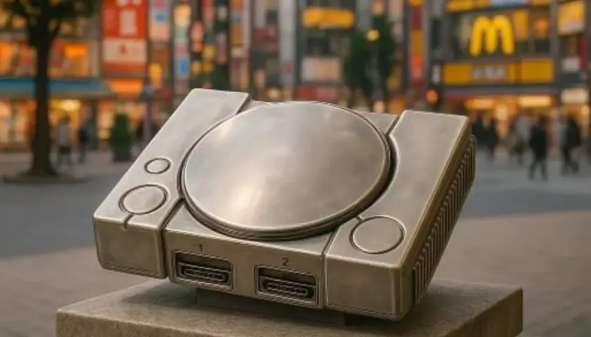 La prima PlayStation, simbolo di chi ha inventato questo iconico pezzo di storia videoludica, troneggia in una strada di Tokyo.