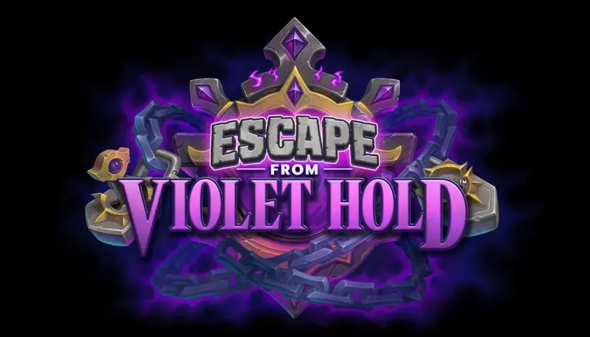 Logo della hearthstone nuova espansione "Escape from Violet Hold", con catene e fumo viola.