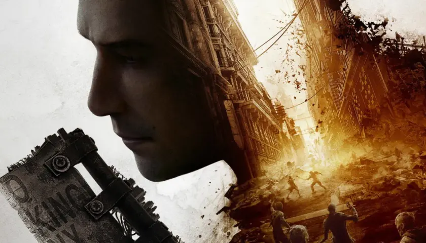 Profilo di un uomo sovrapposto a una città in rovina e zombie. La recensione di Dying Light 2.