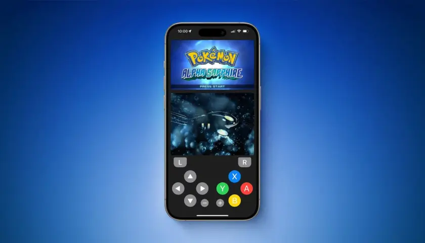 iPhone con emulatore Nintendo DS iOS che mostra Pokémon Alpha Sapphire, con controlli virtuali.