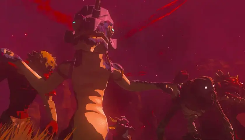 Un'epica battaglia in Zelda Tears of the Kingdom: Link affronta creature terrificanti in un mondo rosso sangue. La recensione ne parla.