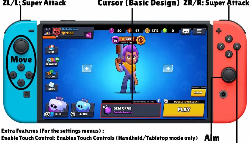 Nintendo Switch con Brawl Stars, mostra Shelly e i controlli per il gioco.