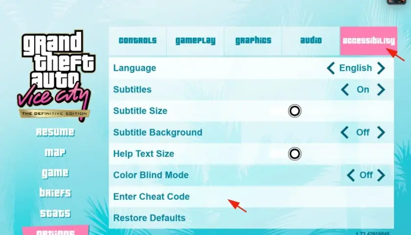 Menu opzioni di GTA Vice City Definitive Edition, con la sezione "Accessibilità" evidenziata e la voce "Inserisci Codice Trucco" visibile.