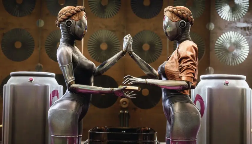 Due robot identiche si scambiano un oggetto, in un'ambientazione che ricorda Atomic Heart 2.