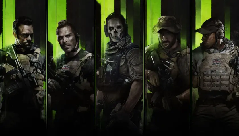 Cinque soldati pronti all'azione, tra cui Ghost con la sua iconica maschera, per il miglior Call of Duty.