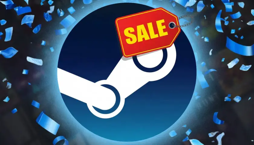 Il logo Steam con un'etichetta rossa "SALE" e coriandoli blu. Preparati per i prossimi saldi Steam!