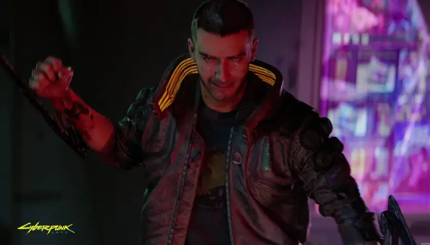 Un uomo con un'espressione sofferente, vestito in stile cyberpunk, con la mano insanguinata. Un'immagine che evoca la lotta per i **cyberpunk 2077 trofei**.