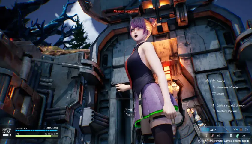 Una ragazza con capelli viola e rosa, in stile anime, si trova in un ambiente futuristico. È un'immagine tratta da Synduality Echo of Ada.