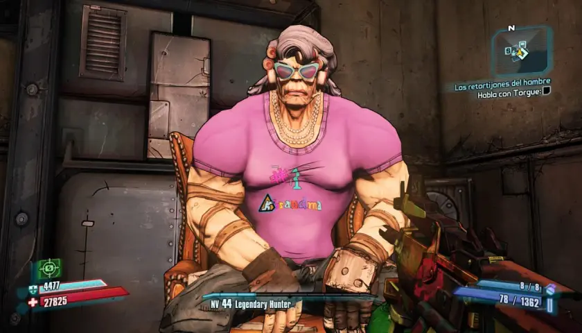 Una nonna muscolosa con occhiali da sole e una maglietta rosa con scritto "Grandma" è un personaggio memorabile in questa recensione di Borderlands 3.