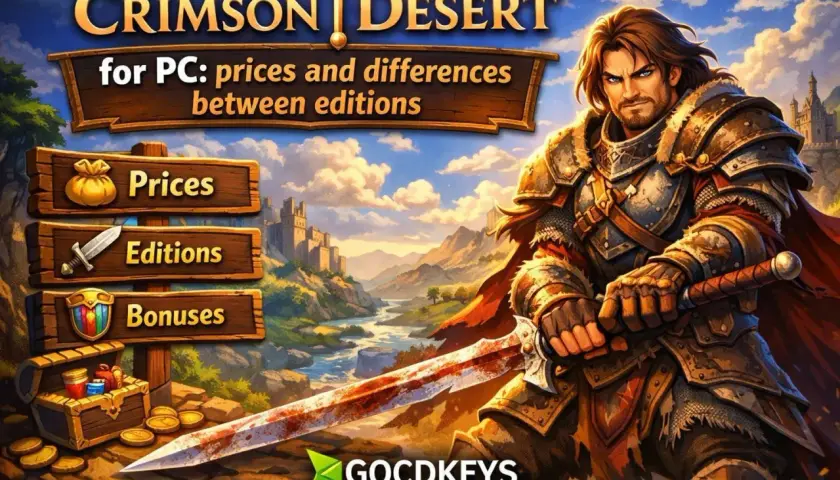 Guerriero con spada insanguinata nel **crimson desert**. Menu per prezzi, edizioni e bonus del gioco per PC.